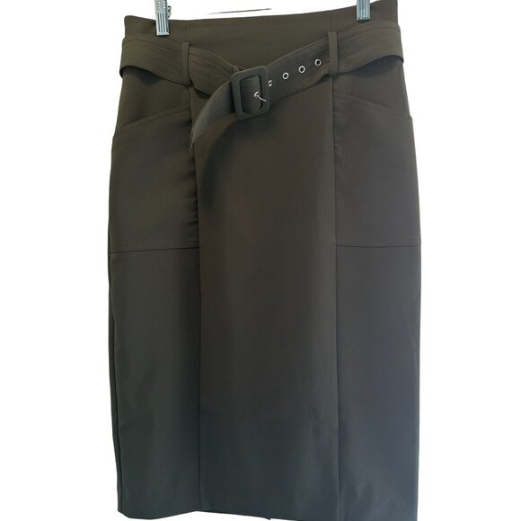 NY&C Size 8 Olive Green Pencil Knee Length Skirt With Belt & Pockets - Picture 5 of 13